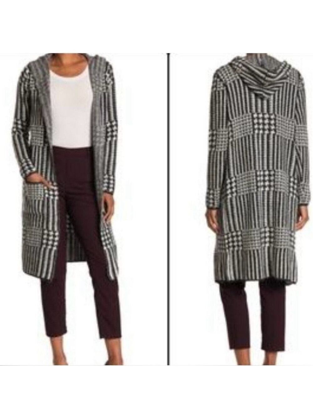 Joseph A Long Women’s Maxi Cardigan Houndstooth Pockets Stretch Knit Size: Large